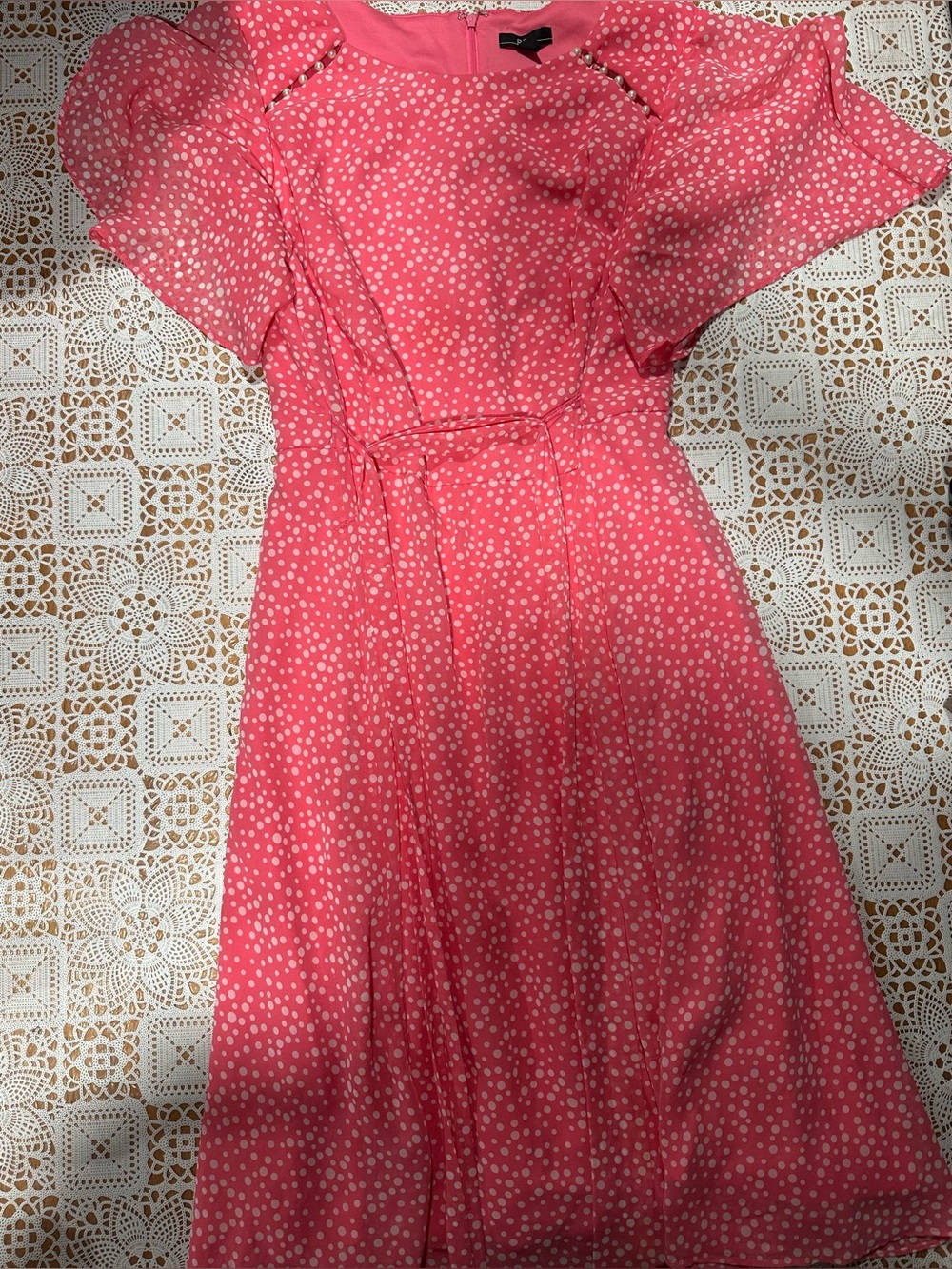 R&K 16W Pink Polka Dot Fit & Flare Midi Dress Pearl Flutter Sleeve